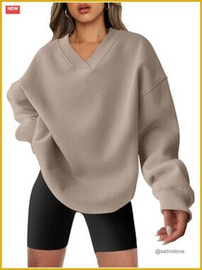 Oversized V Neck Fleece Pullover Sweatshirt - Rayon Blend
